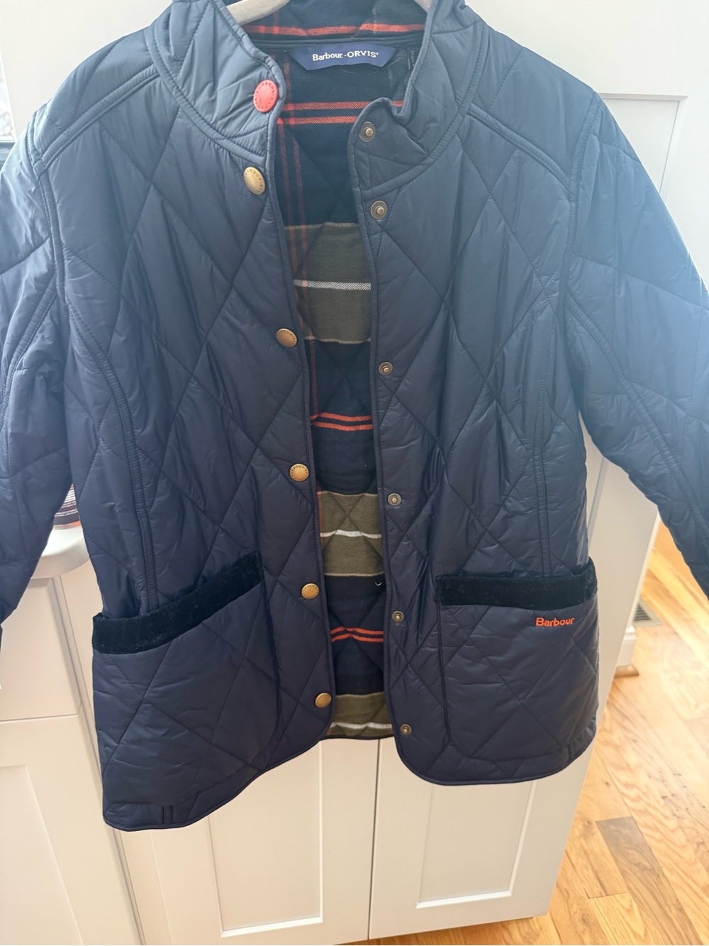 This Barbour × Orvis Hubbard quilted jacket navy w/classic plaid NWOT SZ 8 - Picture 7 of 10